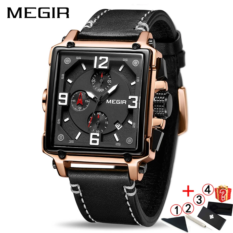 

Square Watches Men 2019 MEGIR Luxury Brand Business Sport Male Clock Mens Chronograph Waterproof Black Leather Watch Men 2018