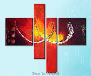 

High Quality 4 Panel Arts Sets Modern Red Line Knife White Flower Oil Painting On Canvas Abstract Home Decor For Living Room