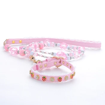 

Fashion Plastic Bead Flowers Dog Lead Leashes Pink Strawberry Dog Collar Set Princess Style Leashes Pet Collar Accessories
