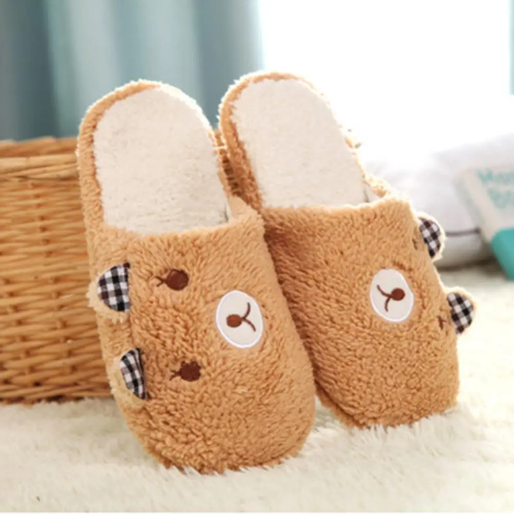 

Women Lovely Bear Pattern Soft Sole Cotton-padded Slippers Winter Indoor Shoes Comfortable Fur Slippers Striped Women Shoes