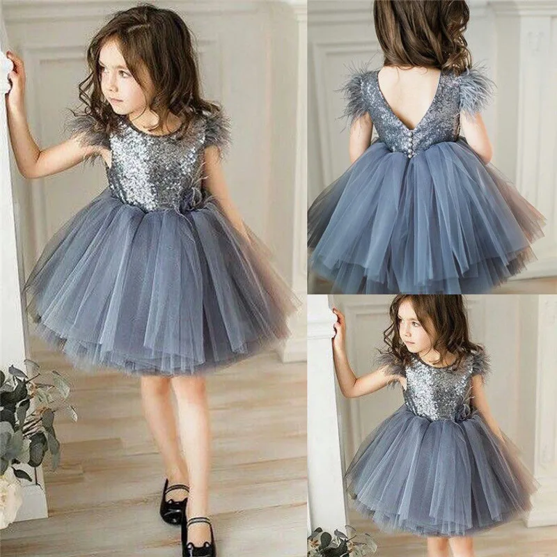 

Toddler Baby Girl Princess Kid clothes round neck sleeveless Tassel Tulle Polyester backless Sequin Party Mini Dresses one piece