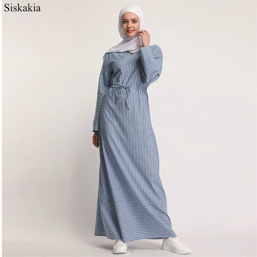 Siskakia Muslim Ladies Solid Stripe Patchwork Long Dress Ramadan O-Neck Long Sleeve Belt Women Dresses Brief Elegant 2019 New (6)