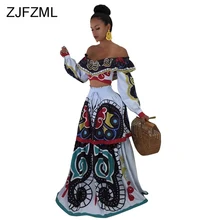 Off The Shoulder Sexy 2 Piece Set Dress Women Slash Neck High Waist Print Bohemian Dress Casual Full Sleeve Open Back Maxi Dress open back tribal print maxi dress