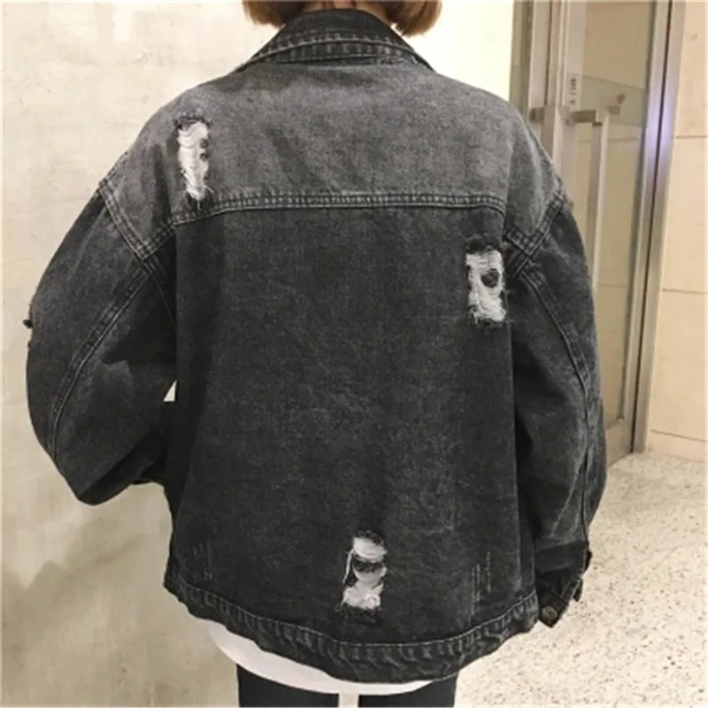 Black denim girl jacket 2019 new spring large size Korean version loose hole women's denim long sleeve lapel jacket W12