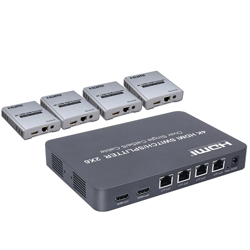 

2x6 HDMI Switcher/Splitter Extender Optical SPDIF + 3.5mm jack Audio Extractor 4K@30HZ 100M By Ethernet RJ45 CAT5e CAT6