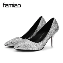 FAMIAO 2018 New Spring Autumn Bling Women Pumps Thin Heels Sexy Slim Party Shoes High Heels red bottom sliver wedding pumps