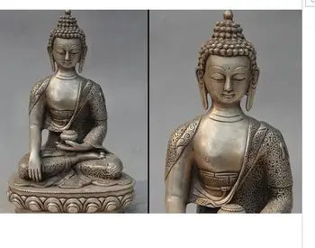 

decoration copper silver factory outlets 13" Tibet Temple Silver Shakyamuni Sakyamuni Buddha Amitabha Robe Bowl Statue