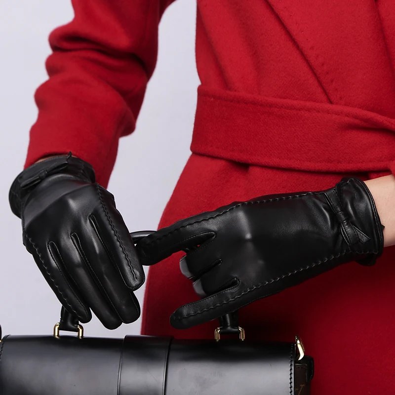 Genuine Leather Woman Gloves Sheepskin Short Style Butterfly Knot Leather Female Gloves Plus Velvet Thicken Warm Winter NW185-9