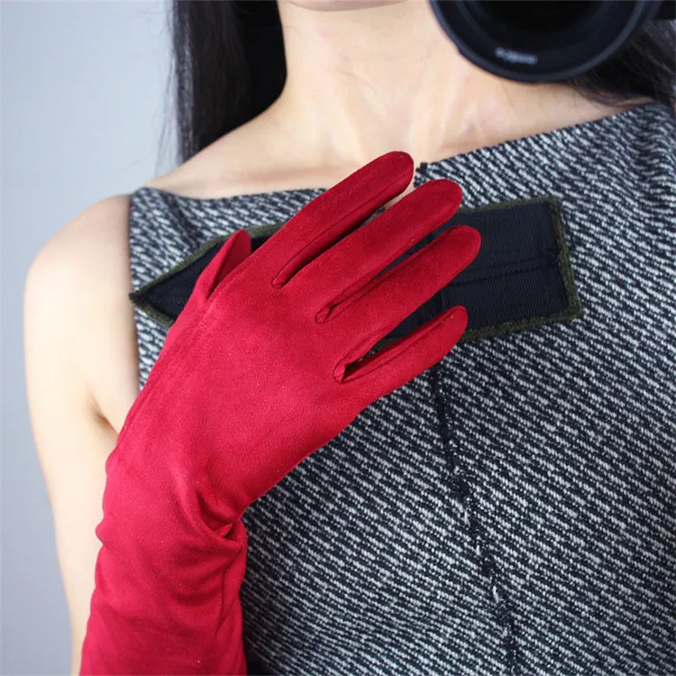 Замшевые перчатки 40 см женский Китай Красный Имитация натуральной кожи без подкладки Для женщин средних и длинная куртка с секциями