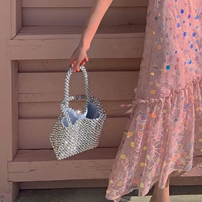 

High Quality Acrylic pearl bag Women Luxury Design Flap Messenger Bags Handmade Beading Crossbody Bags Chic Korean Vintage Purse