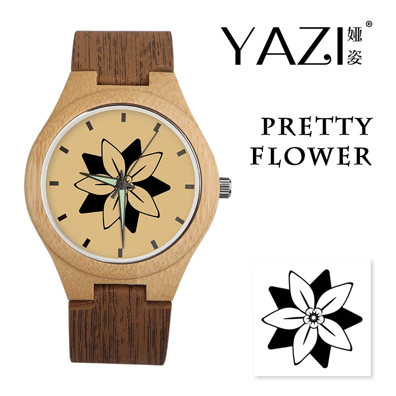 

YAZI Creative Wooden Watch snowflake design Lucky Logo Quartz Watch Natural Bamboo Wood Case Wrist Watches Wood Stripe Band