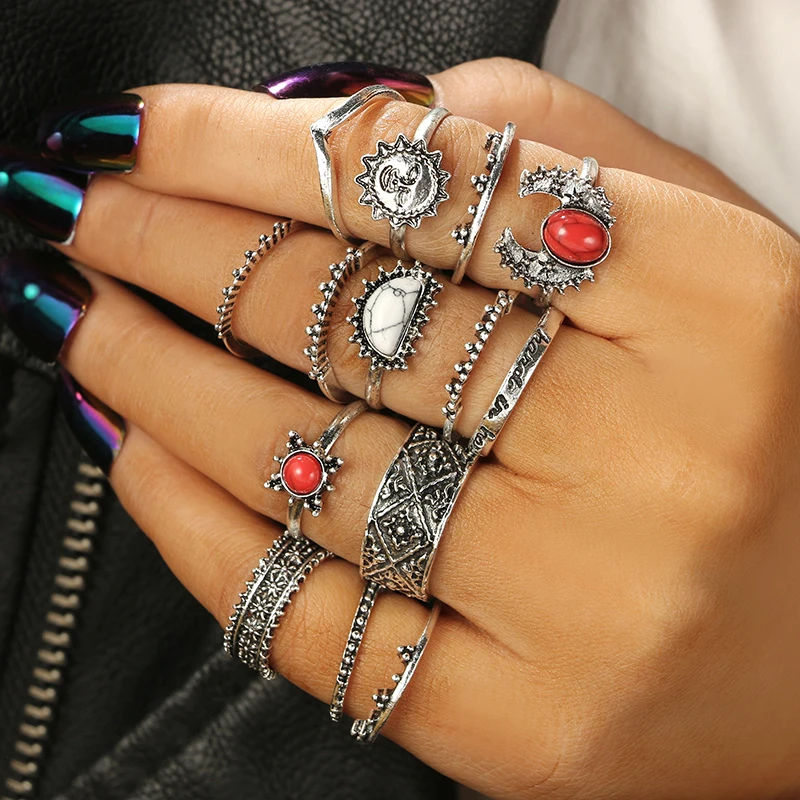 HuaTang, античное серебро, красный камень, кольца для женщин, резное кольцо на кончик пальца, набор обручальных колец, стимпанк, Anillos, ювелирные изделия 4206