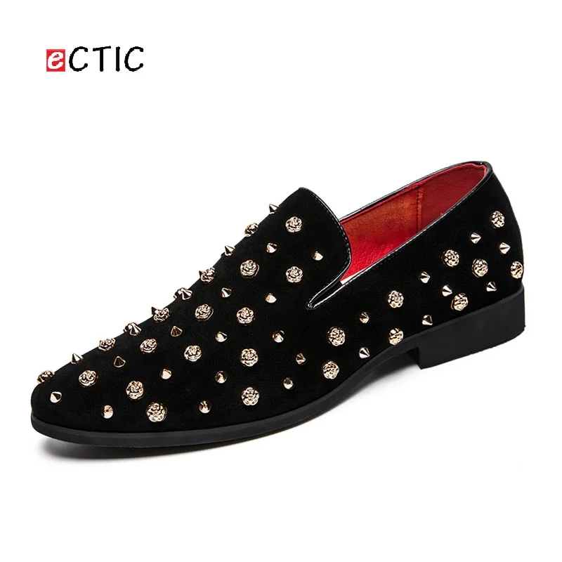 

ECTIC 2019 New Men Loafers Smoking Slipper Black Spikes Rhinestones Casual Shoes Wedding Dress Men's Rivets Flats Punk Style