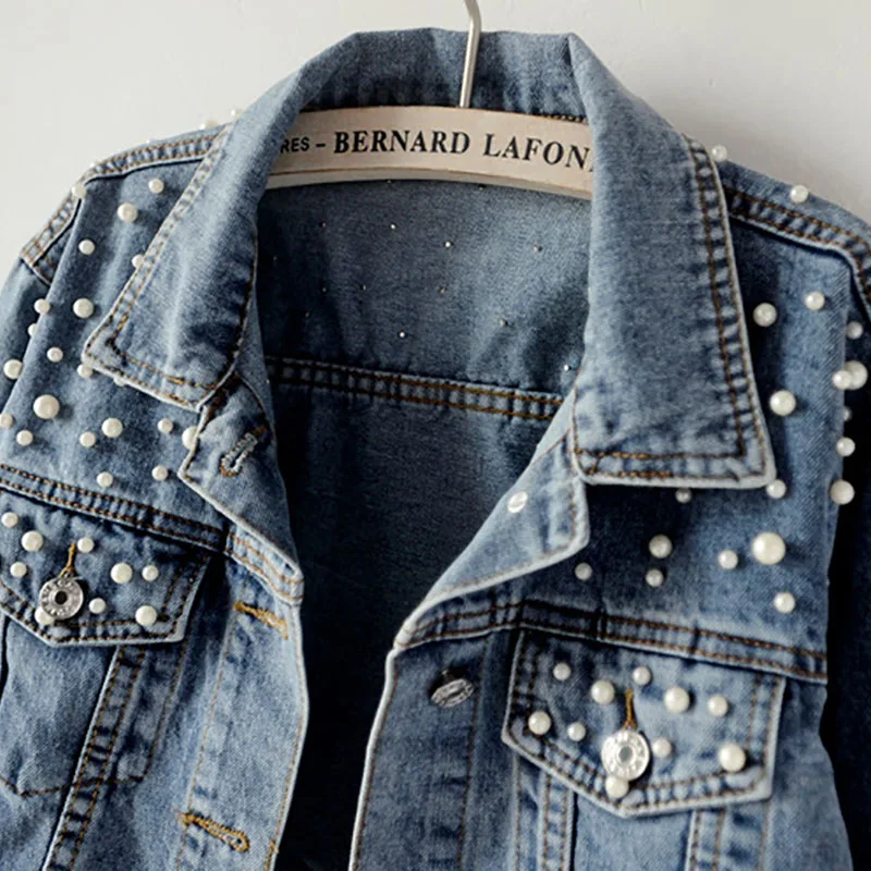 Plus size 5xl 2019 Spring Vintage Women Jean Jacket Witrh Pearls Beading Long Sleeve Pockets Denim Jackets Loose Outwear Female