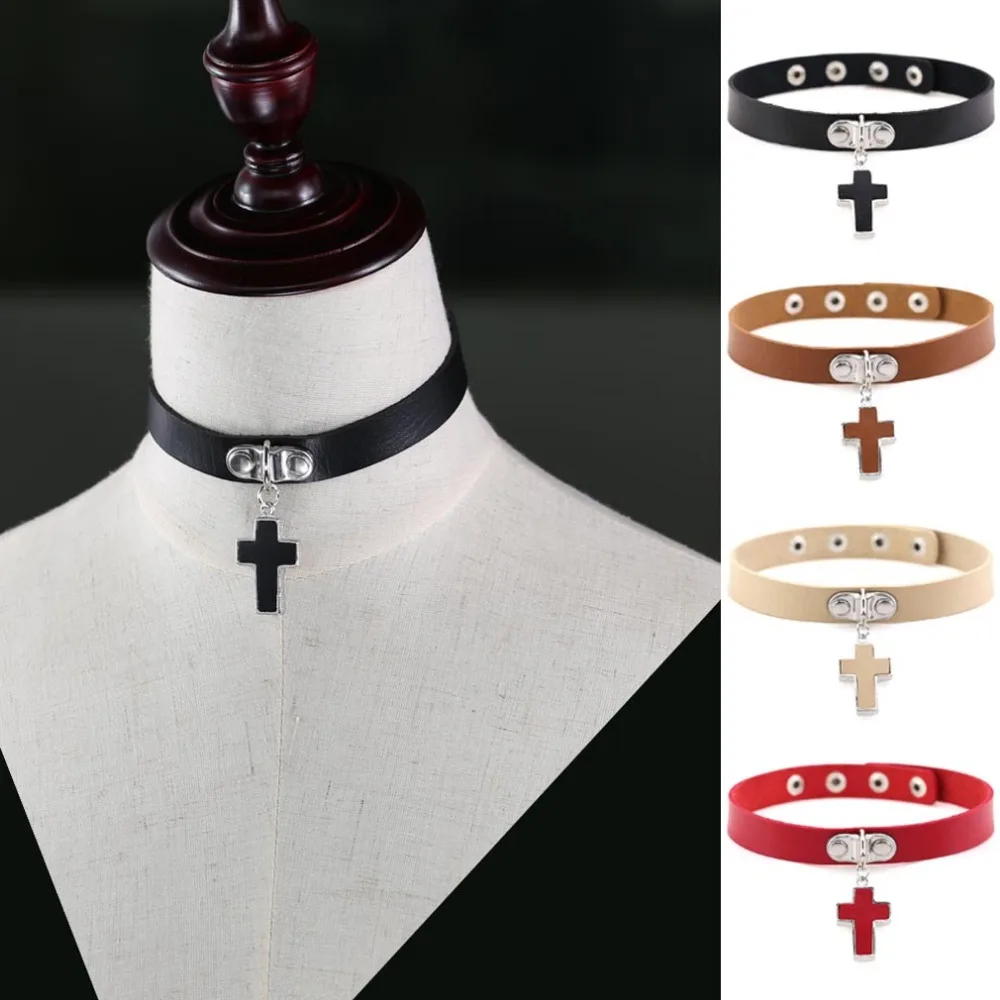 

Hot sale Newest Style Women Men Punk Gothic Harajuku PU Leather Collars Choker God Bless Cross Pendant Statement Necklace