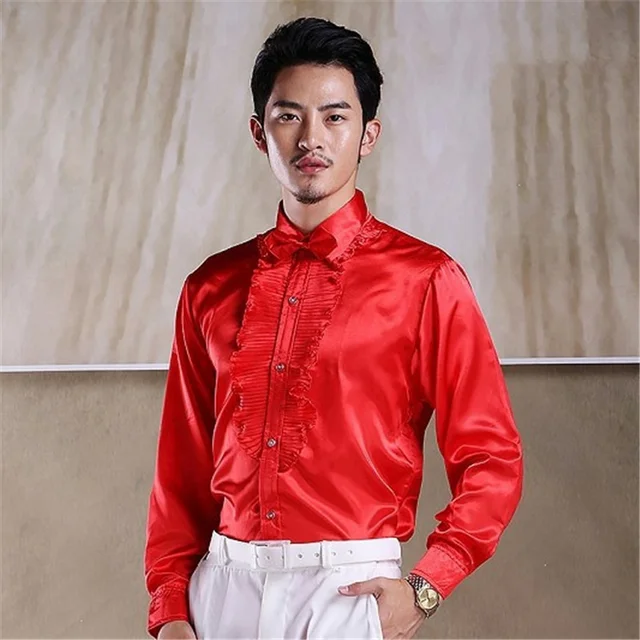 Red Men Shirt Fold Slim Fit Long Sleeve Men's Social Shirts Night Club