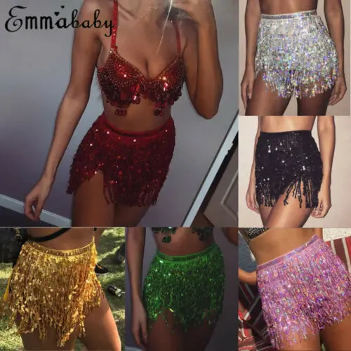 Sexy Women Belly Dance Hip Tutu Skirt Scarf Wrap Belt Glitter Sequins Tassel Hipscarf Skirts Sundress