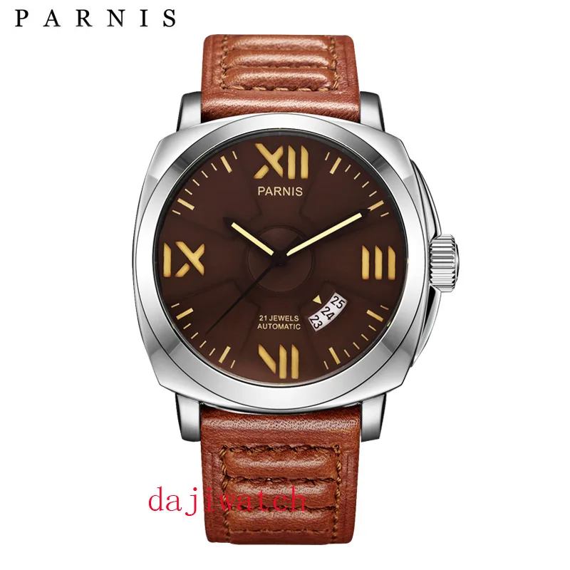 

44mmparnis Luminous Automatic mechanical men's watch Leather strap date