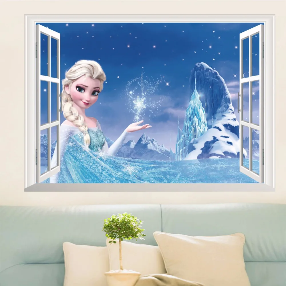 Cartoon Frozen Princess Elsa Wall Sticker 3D Window Wall Stickers For Kids Rooms PVC Wall Stickers Home Decor Living Room