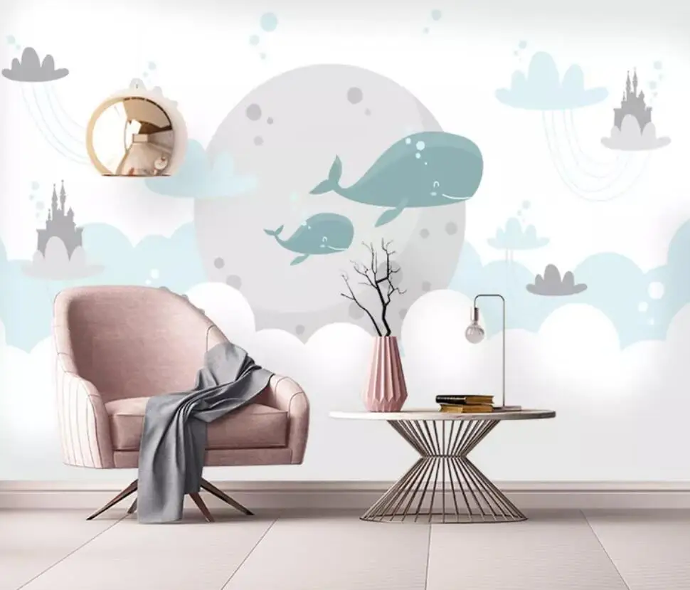 

Modern simple hand-painted whale castle baiyun children's room background wall decoration wallpaper murals