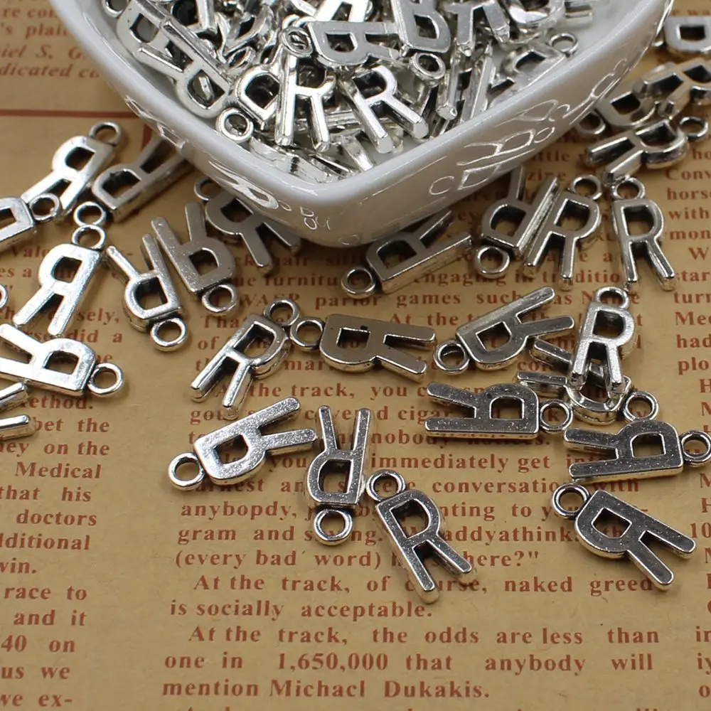 

20 pcs Double Side Alphabet(R)Letter Tag Charm Pendant Initials Jewelry Making
