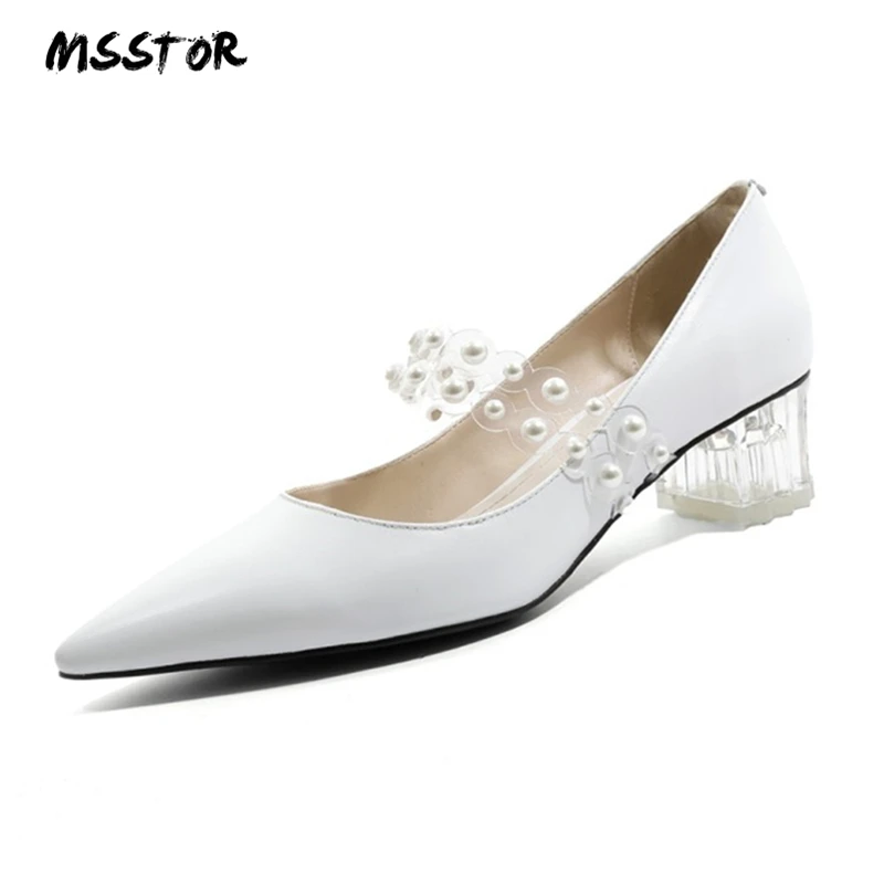 

MSSTOR Transparent High Heels Pumps Rivet White Fashion Elegant Slip-On Autumn Spring Mid Heel Shoes Pointed Toe Ladies Heels