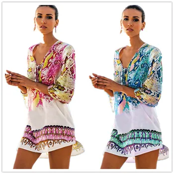 

Beach Dresses Robe Plage Bathing Suit Cover Ups Swimsuit Cape Swimsuits For Women Bathrobe Pass Chiffon Serpentine Print Dress