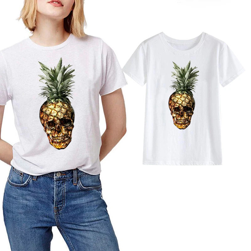 

LUSLOS Pineapple Skull Women Summer T Shirt Female Short Sleeve O-neck Tshirt Women Casual Streetwear Tees Summer Tops