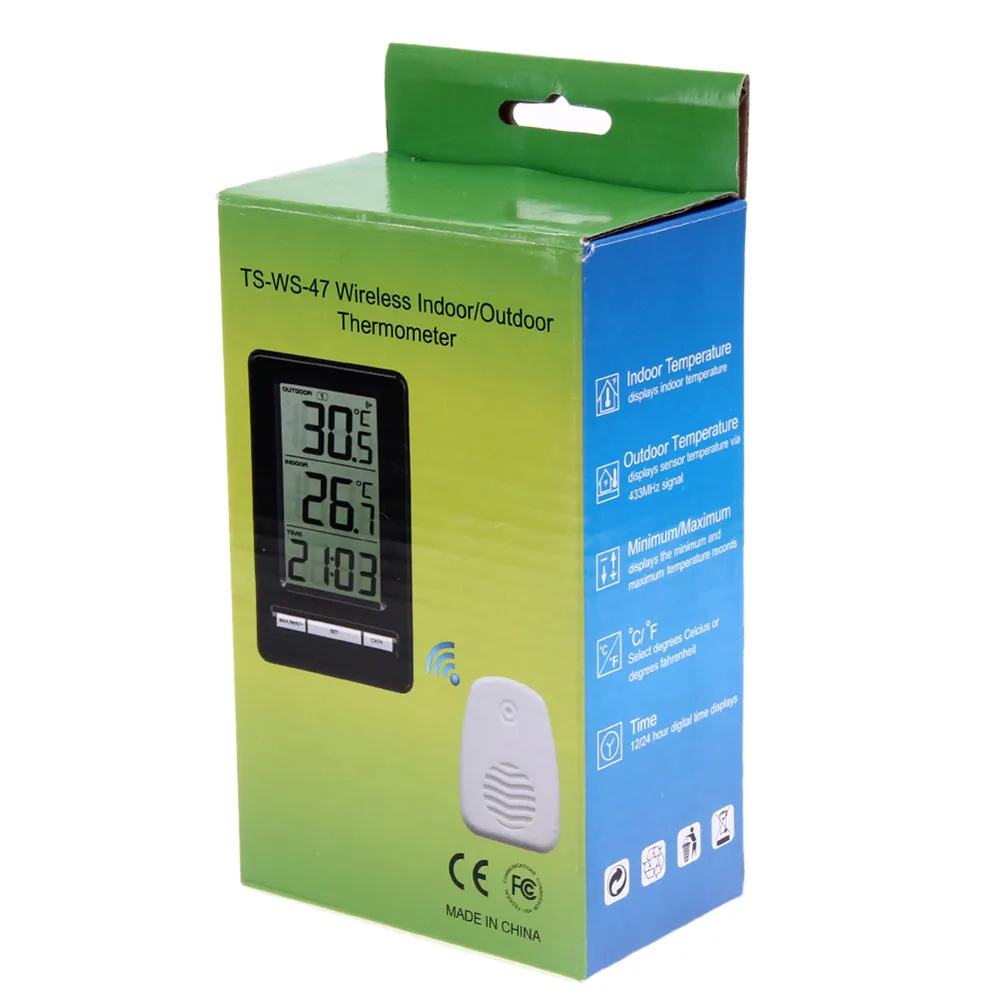 Беспроводной цифровой термометр Крытый Открытый термометр время дисплей часы настольная подставка Погодная станция TS-WS-47