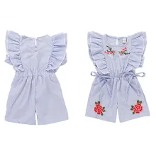 Летняя одежда для маленьких девочек, комбинезоны в синюю полоску с вышивкой розы, детские комбинезоны без рукавов, популярная одежда