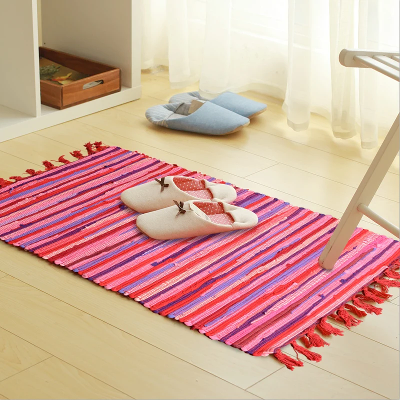 Handmade Cotton Rag Rug Striped Tassels Durable Machine Washable Multi use Floor Rugs and Carpet