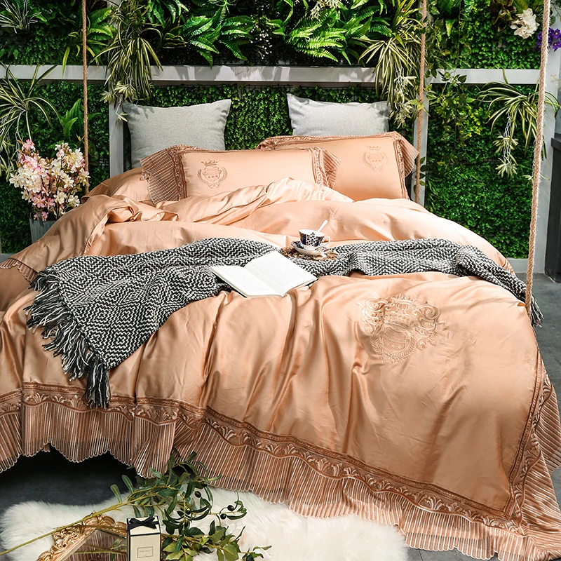 

Champagne color luxury lace embroidery Egyptian cotton Bedding Set Queen King Size Duvet Cover Bed Linen Bed sheet Pillowcases
