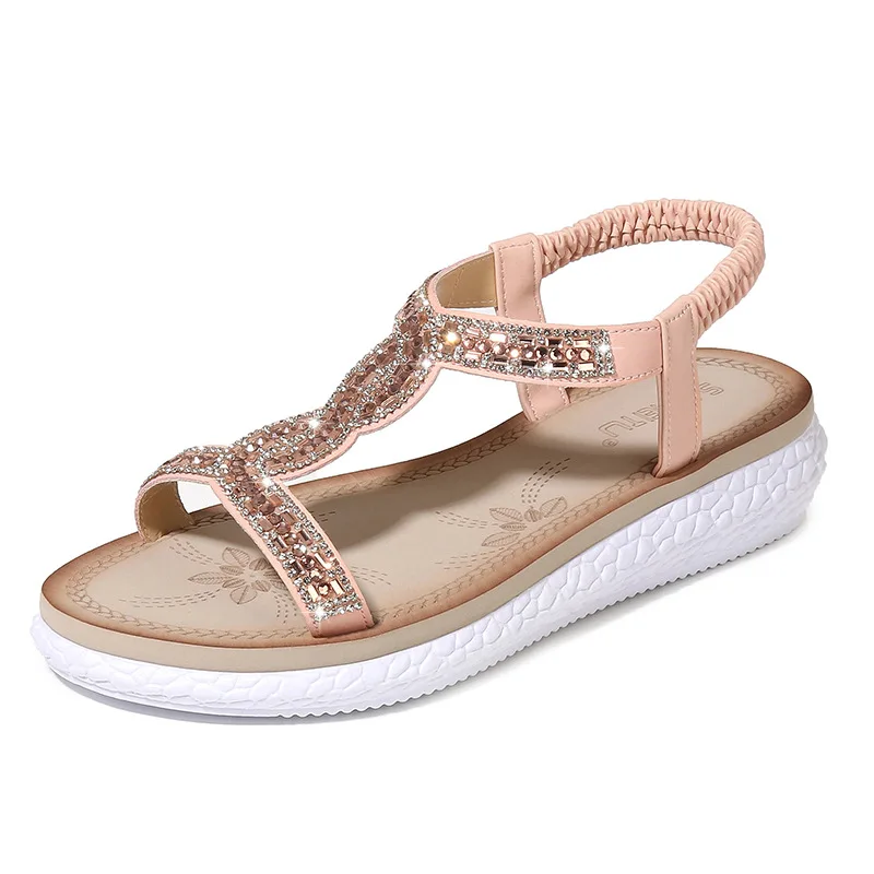 

rhinestone sandals Casual Solid casual shoes Crystal Sweet soulier femme Rome Wedges Med plus size Pure colour block heels