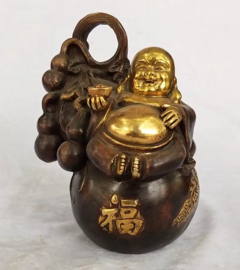 

Collection Chinese Old Bronze Gilt Carved Wealth Gourd Maitreya Sculpture home feng shui decoration antique statue