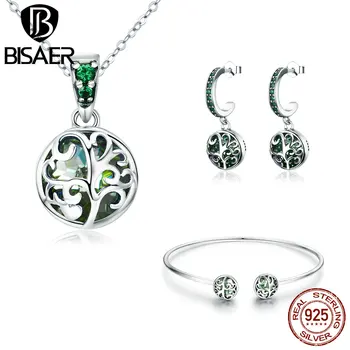 

BISAER 925 Sterling Silver Jewelry Set Tree of Life Tree Leaves Necklace Bangle Jewelry Sets for Women Authentic Silver Jewelry