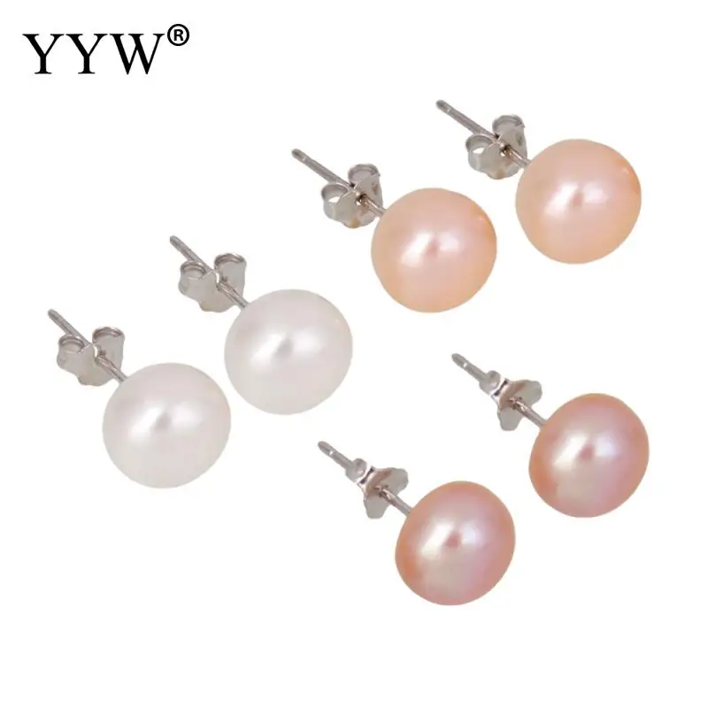

100% Real Natural Pearl Stud Earring 9-9.5mm Pink/Purple/White Freshwater Pearls Earring Silver-Color Pearls Earrings For Women