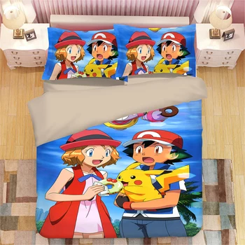 

3D Japan style Cartoon anime Pikachu Pokemon 3pcs twin Full Queen bedding set good quality bedclothes luxury duvet cover sets