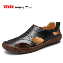 Новинка года; Летняя обувь; мужские сандалии из натуральной кожи на плоской нескользящей подошве; Повседневная обувь черного цвета; мужские пляжные сандалии; K203