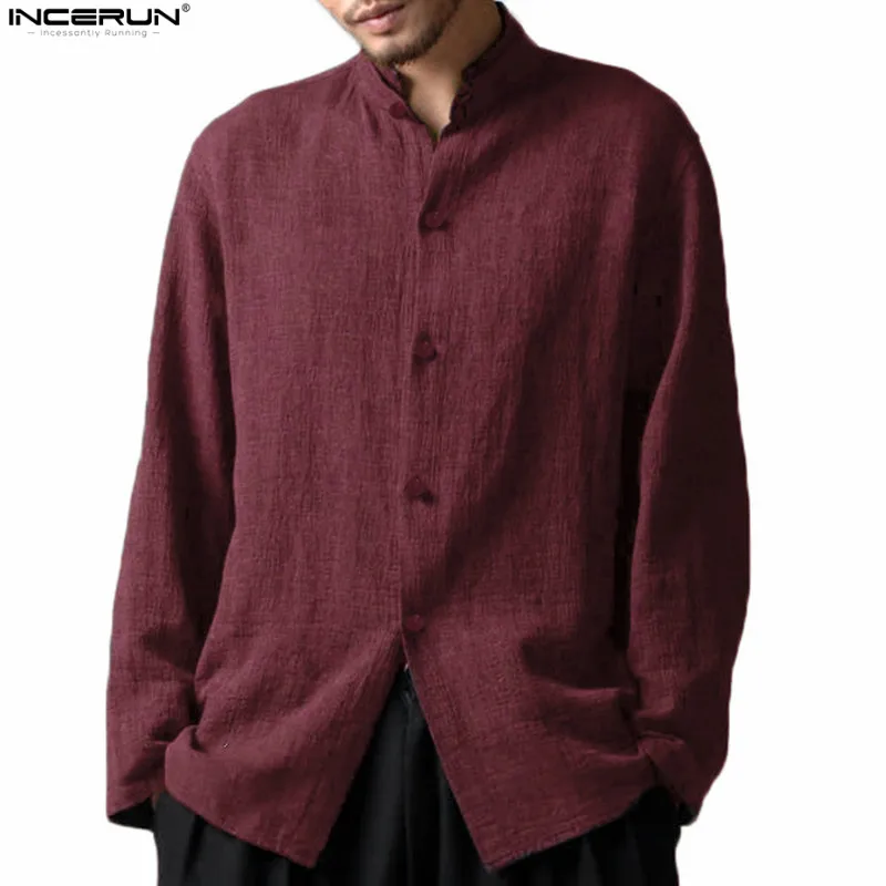 

INCERUN Men Cotton Linen T Shirt Stand Collar Retro Chinese Traditional Long Sleeve Shirt Male Brand Clothes Plus Size Loose