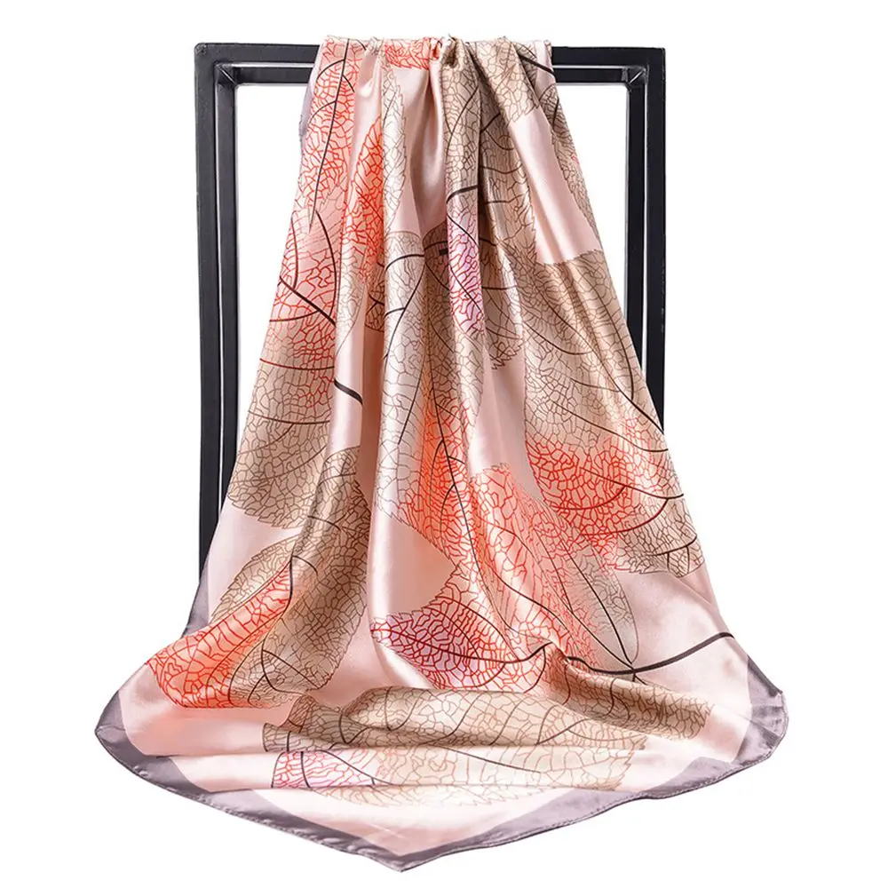 

Fashion Hair Scarf For Women Leaves Print Satin Hijab Scarfs 90cm*90cm Square Neckerchief Scarves For Ladies 2019 New Arrival