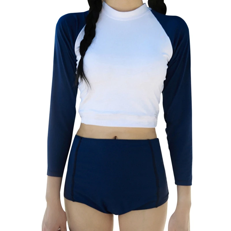 

Women Surfing Swimsuits Long Sleeve Suncreen Swimsuits Two-piece High Waist Bikini Set Swimwear Female Bathing Suit Navy Blue