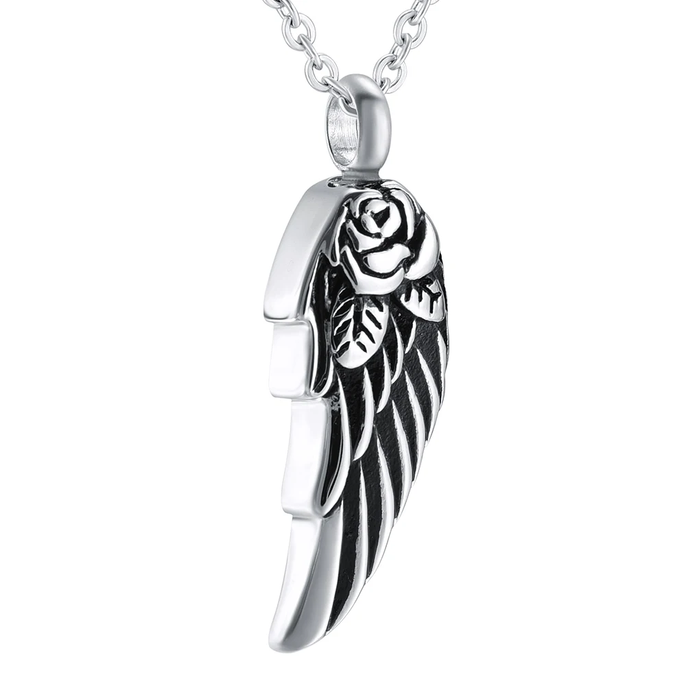 

IJD8371 Stainless Steel Angel Wing with Rose Cremation Urn Pendant Necklace Stainless steel Memorial Keepsake Cremation Jewelry