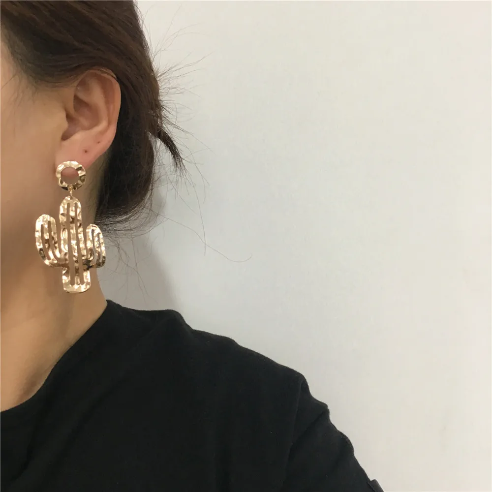 

TRENDY RHODIUM COLOR PLATING CACTUS LARGE DANGLE EARRINGS FOR WOMEN GIRL