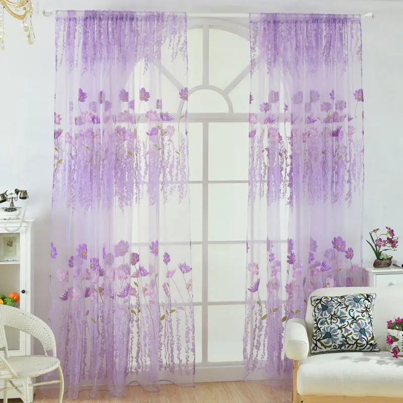 

1 * 2M Sheer Voile Tulle Window Curtains Bedroom Living Room Balcony Kitchen Printed Tulip Pattern Sun-shading Curtain