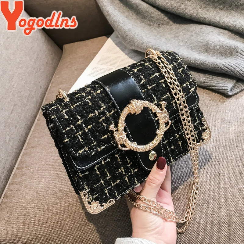Yogodlns Lattice Wool Women Crossbody Bag Luxury Handbags Designer Brand Ladies Bags Retro Shoulder Messenger Bags Female Chain