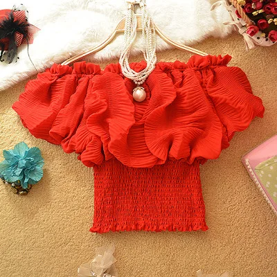 

2019 new 5 color slash neck summer chiffon shirt women chiffon blouses women short sleeve ruffles rinkle blouse body shirt