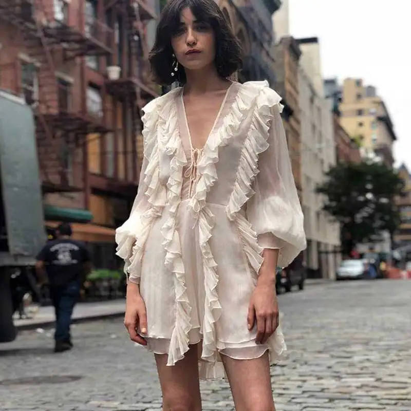 

BOHO INSPIRED RUFFLE women DRESS chiffon semi-sheer party dress V-neck lace up front long sleeve white mini spring summer dress