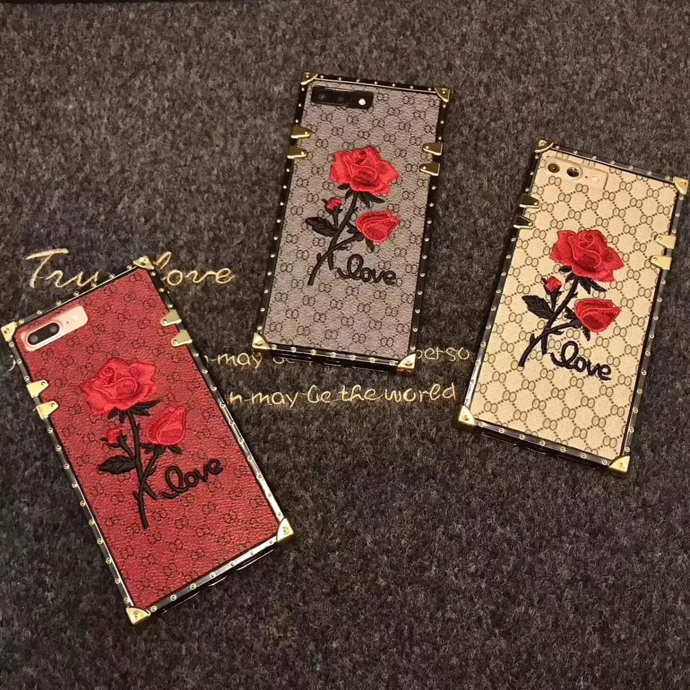 

Cute Embroidery Phone Case For iPhone 6 6s Plus X XS XR Luxury Rose Pattern Back Cover For iPhone 7 8 Plus Square Case