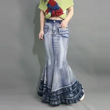 Мода Осень Зима Ретро рыбий хвост Ковбой тонкий хит бедра дамы джинсы макси юбка для женщин/женская длинная Плиссированная джинсовая юбка