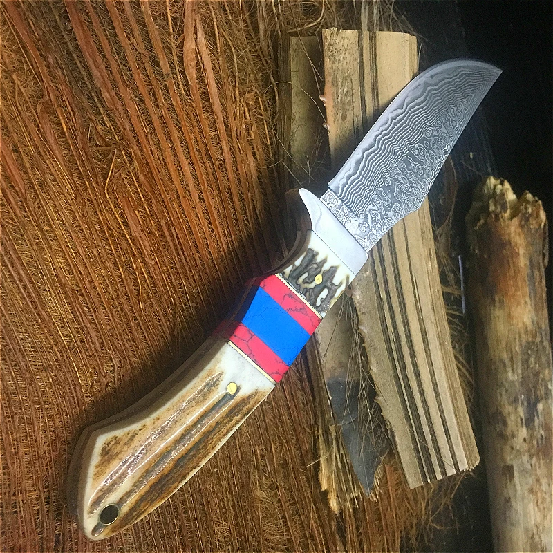 Волшебное поле пик Дамасская сталь прямой нож Олень Рог + пять цветов камень